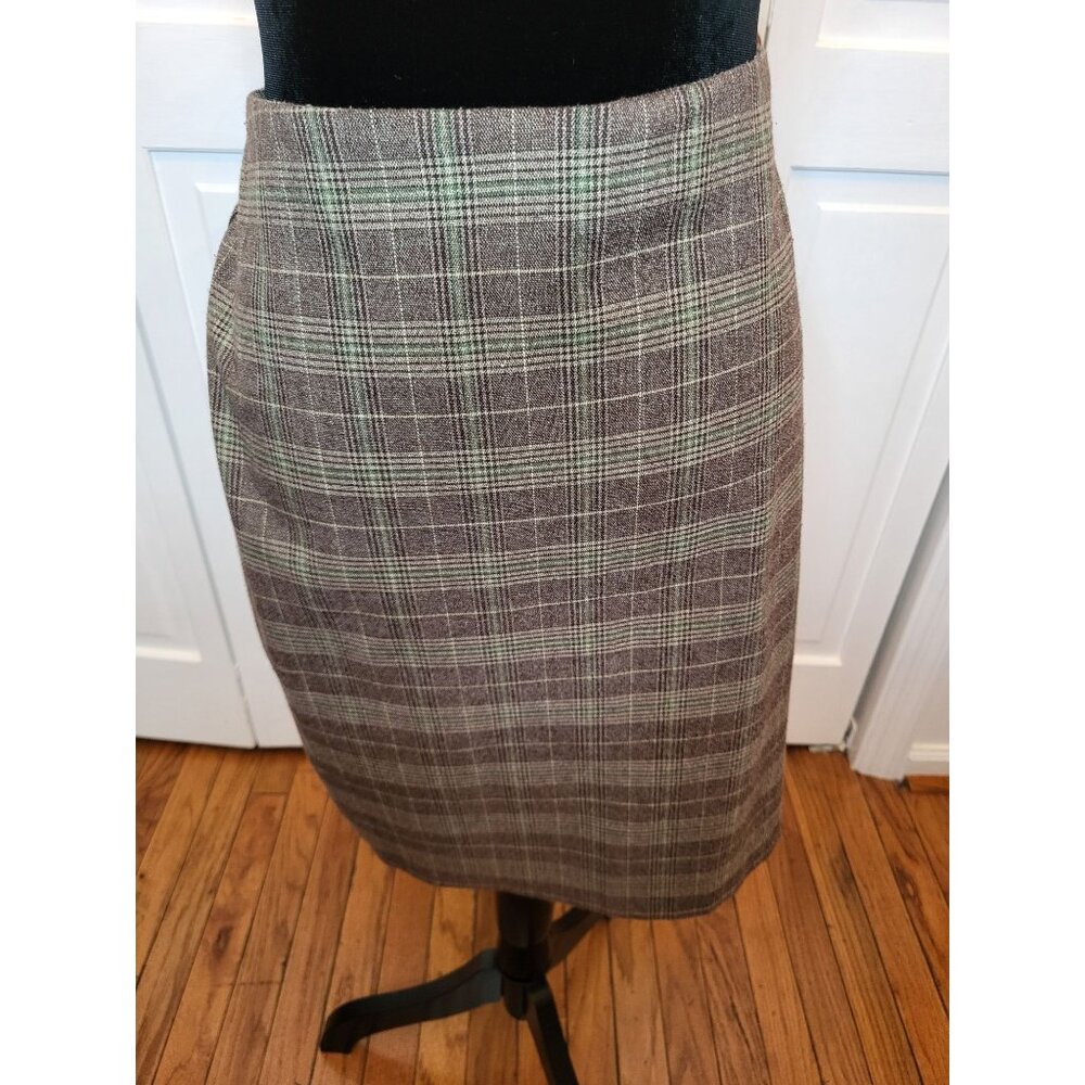 Green and Brown Plaid Pencil Skirt Dress Barn 10 Academia Preppy Retro Twee